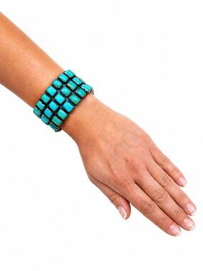 Federico Jimenez Mexican Turquoise Sterling Silver Cuff Bracelet Heavy 3 Row